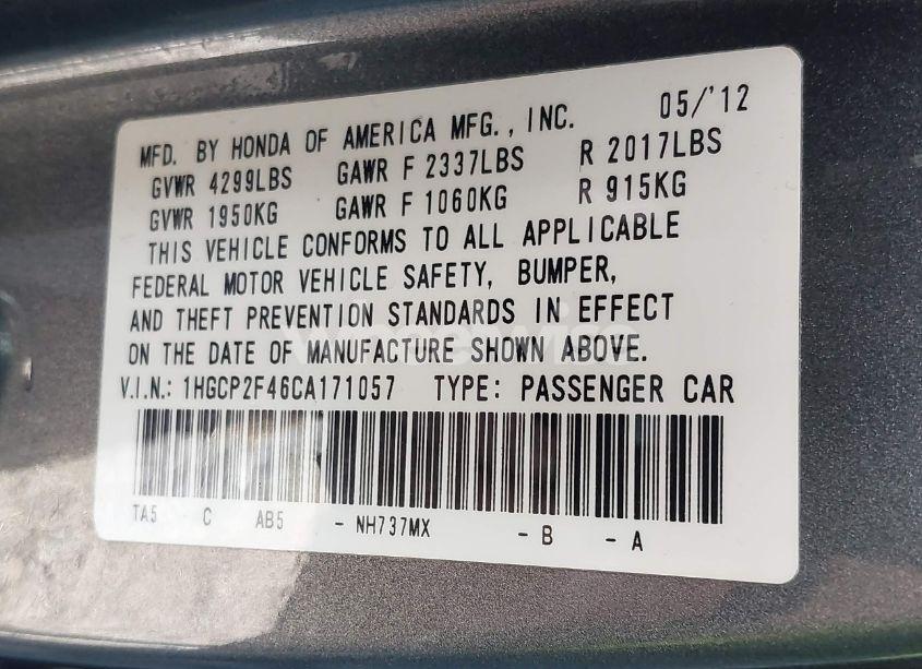 Photo 9 of 2012 Honda Accord SDN LX PREMIUM (VIN 1HGCP2F46CA171057)