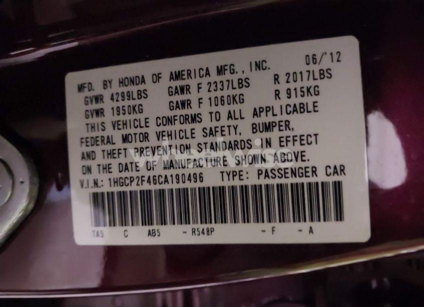 Photo 9 of 2012 Honda Accord 2.4 LX-P (VIN 1HGCP2F46CA190496)