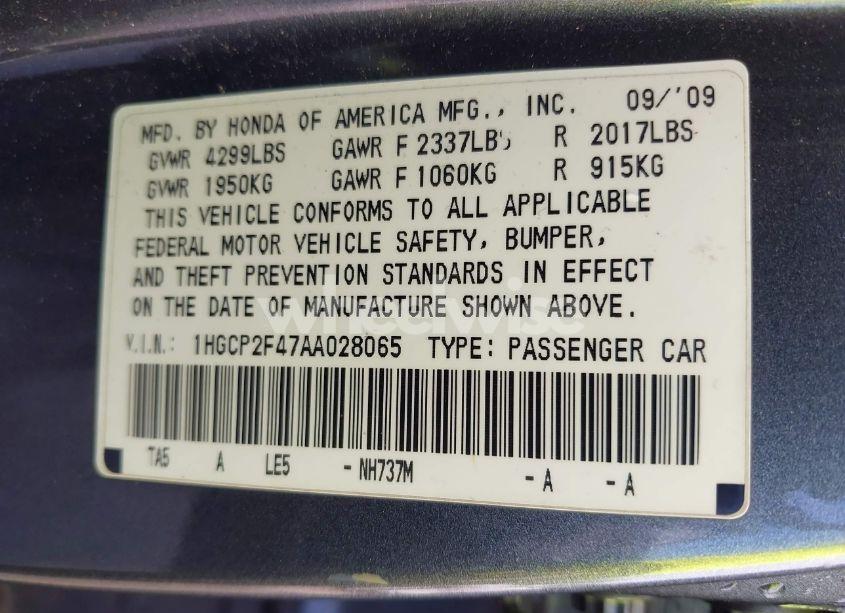 Photo 9 of 2010 Honda Accord 2.4 LX-P (VIN 1HGCP2F47AA028065)