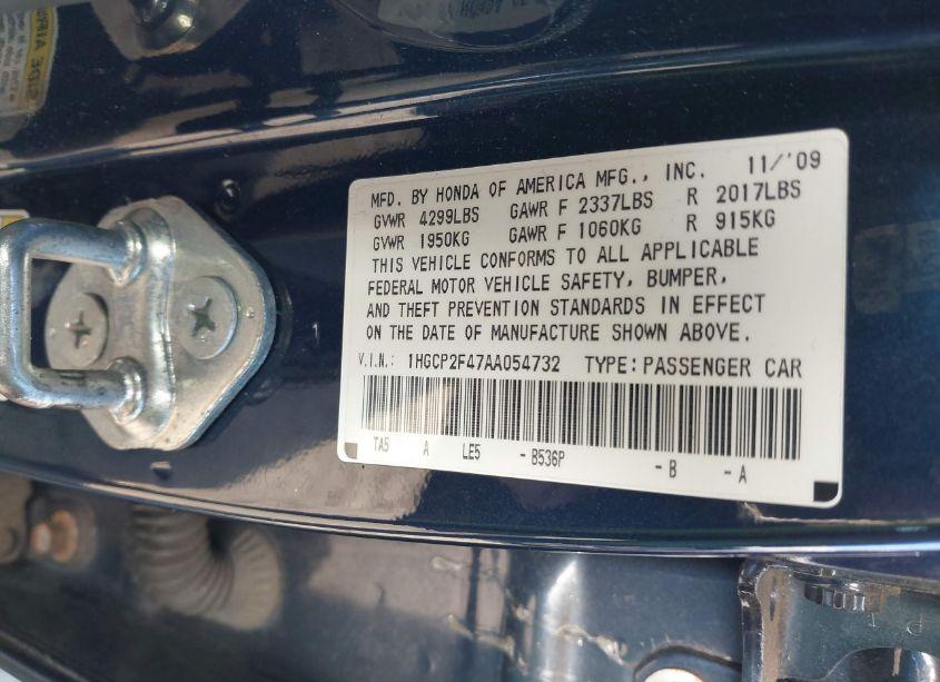 Photo 9 of 2010 Honda Accord 2.4 LX-P (VIN 1HGCP2F47AA054732)