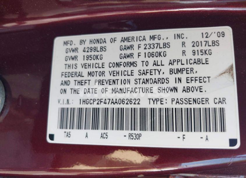 Photo 9 of 2010 Honda Accord 2.4 LX-P (VIN 1HGCP2F47AA062622)