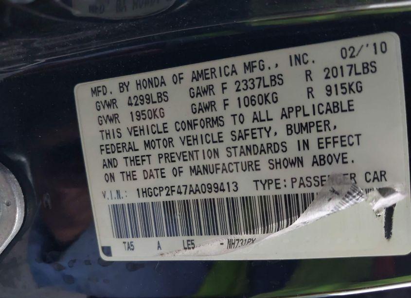 Photo 9 of 2010 Honda Accord 2.4 LX-P (VIN 1HGCP2F47AA099413)