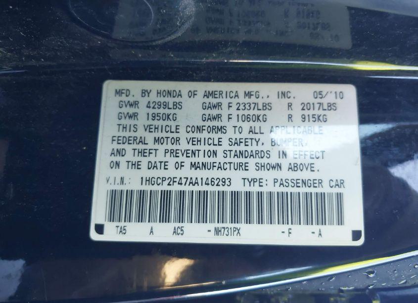 Photo 9 of 2010 Honda Accord 2.4 LX-P (VIN 1HGCP2F47AA146293)