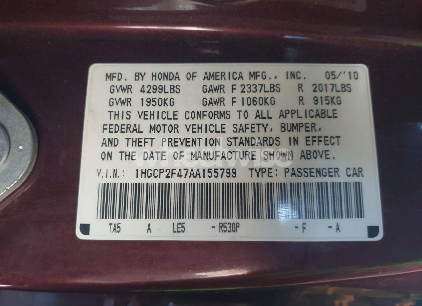 Photo 9 of 2010 Honda Accord 2.4 LX-P (VIN 1HGCP2F47AA155799)