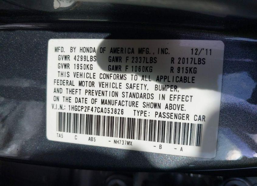 Photo 9 of 2012 Honda Accord 2.4 LX-P (VIN 1HGCP2F47CA053826)