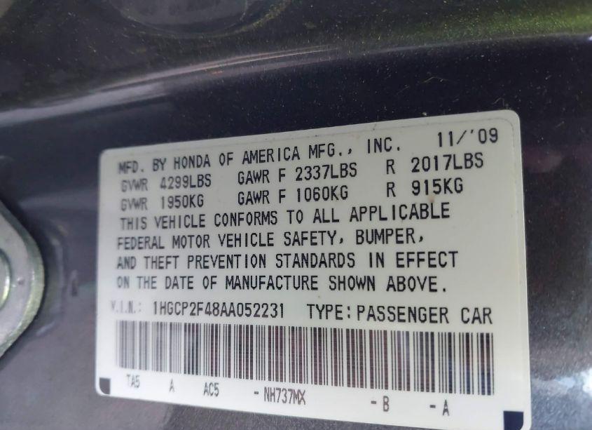Photo 9 of 2010 Honda Accord 2.4 LX-P (VIN 1HGCP2F48AA052231)