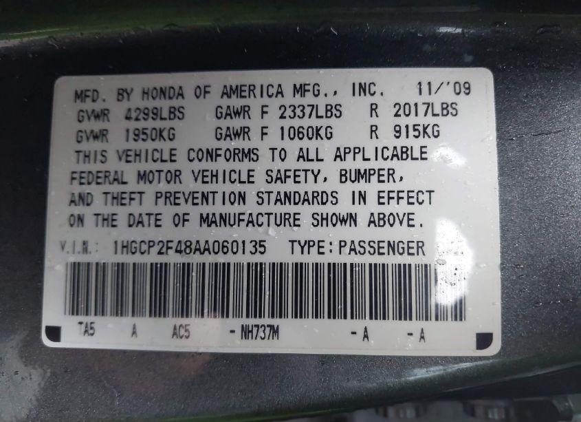 Photo 9 of 2010 Honda Accord 2.4 LX-P (VIN 1HGCP2F48AA060135)