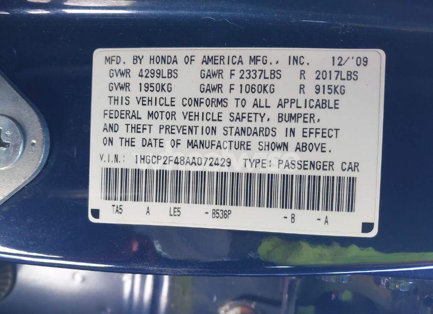 Photo 9 of 2010 Honda Accord 2.4 LX-P (VIN 1HGCP2F48AA072429)