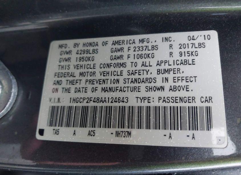 Photo 9 of 2010 Honda Accord 2.4 LX-P (VIN 1HGCP2F48AA124643)