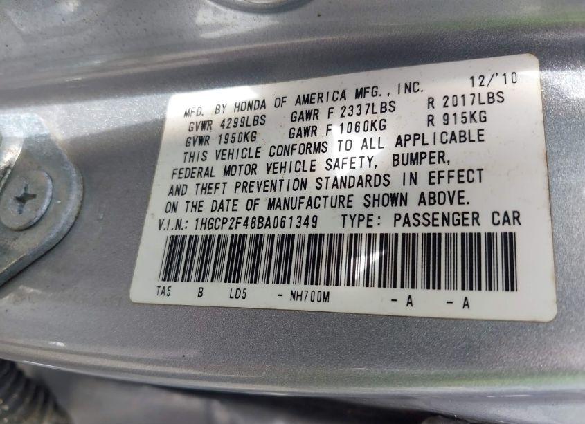 Photo 9 of 2011 Honda Accord 2.4 LX-P (VIN 1HGCP2F48BA061349)