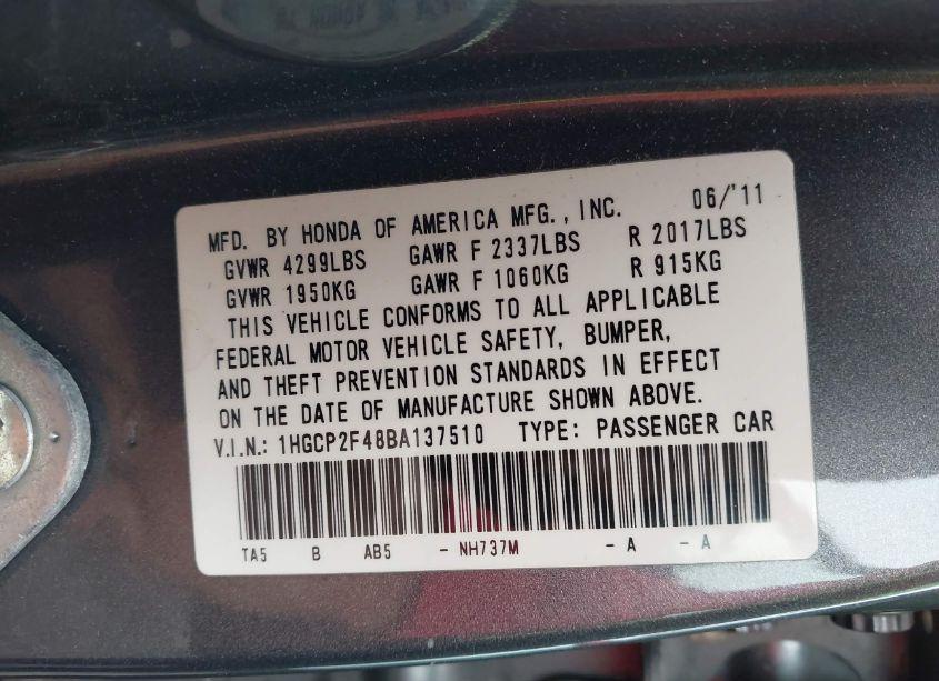 Photo 9 of 2011 Honda Accord 2.4 LX-P (VIN 1HGCP2F48BA137510)