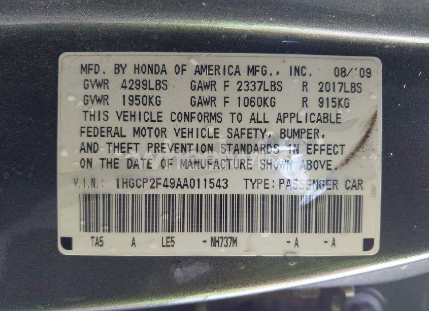 Photo 9 of 2010 Honda Accord 2.4 LX-P (VIN 1HGCP2F49AA011543)