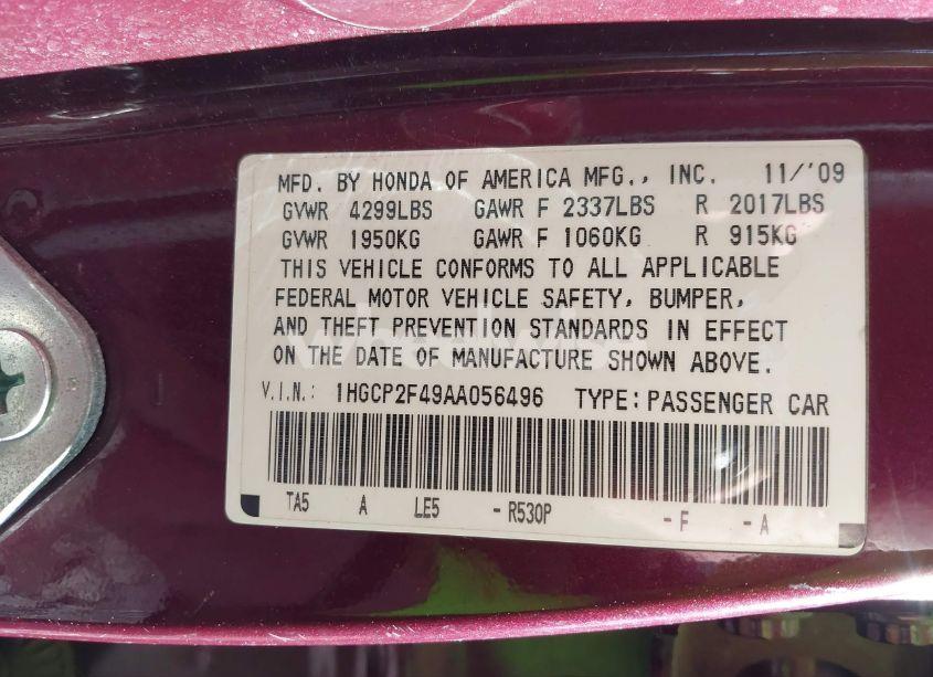 Photo 9 of 2010 Honda Accord 2.4 LX-P (VIN 1HGCP2F49AA056496)