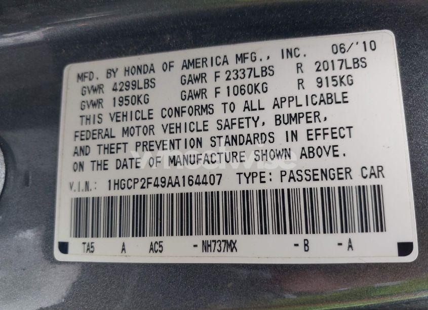 Photo 9 of 2010 Honda Accord 2.4 LX-P (VIN 1HGCP2F49AA164407)