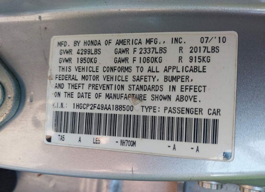 Photo 9 of 2010 Honda Accord 2.4 LX-P (VIN 1HGCP2F49AA188500)