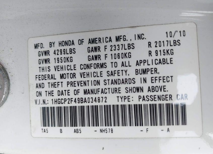 Photo 9 of 2011 Honda Accord 2.4 LX-P (VIN 1HGCP2F49BA034872)