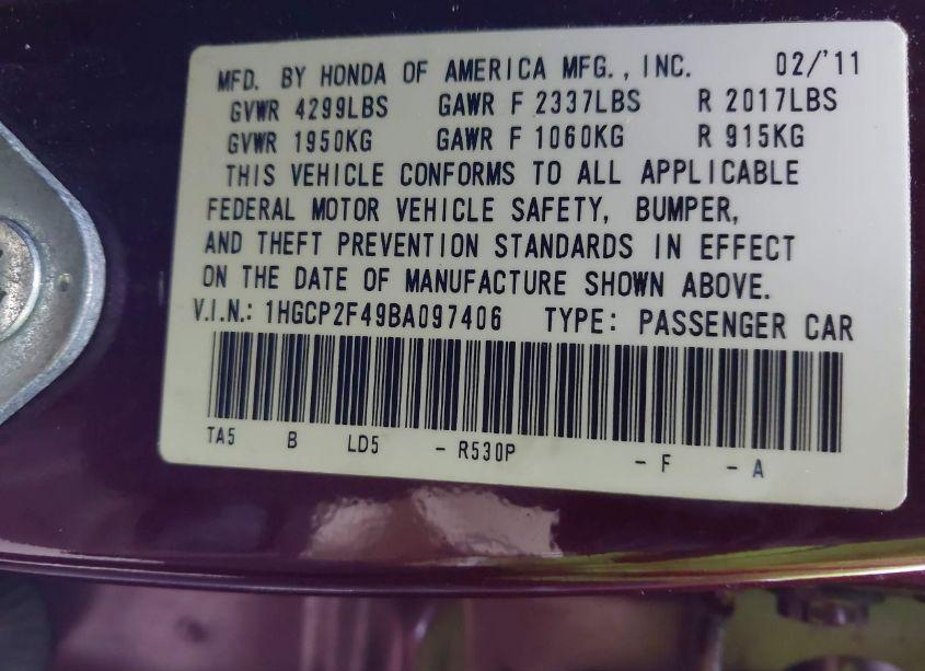 Photo 9 of 2011 Honda Accord 2.4 LX-P (VIN 1HGCP2F49BA097406)