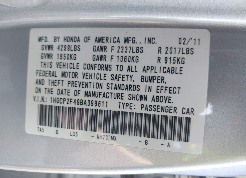 Photo 9 of 2011 Honda Accord 2.4 LX-P (VIN 1HGCP2F49BA099611)