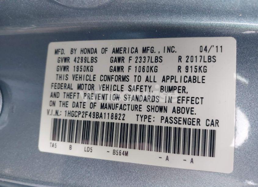 Photo 9 of 2011 Honda Accord 2.4 LX-P (VIN 1HGCP2F49BA118822)