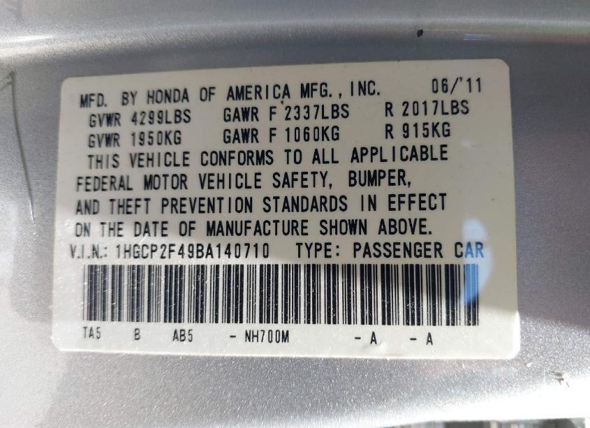 Photo 9 of 2011 Honda Accord 2.4 LX-P (VIN 1HGCP2F49BA140710)