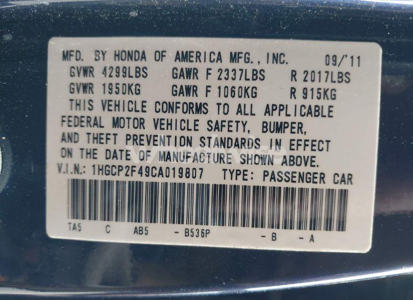 Photo 9 of 2012 Honda Accord 2.4 LX-P (VIN 1HGCP2F49CA019807)