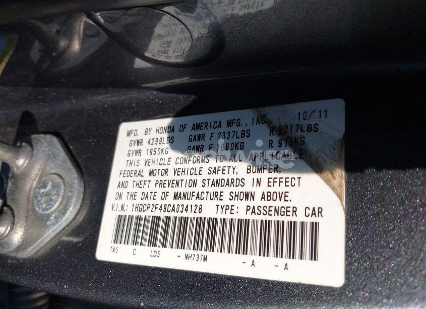 Photo 9 of 2012 Honda Accord SDN LX PREMIUM (VIN 1HGCP2F49CA034128)