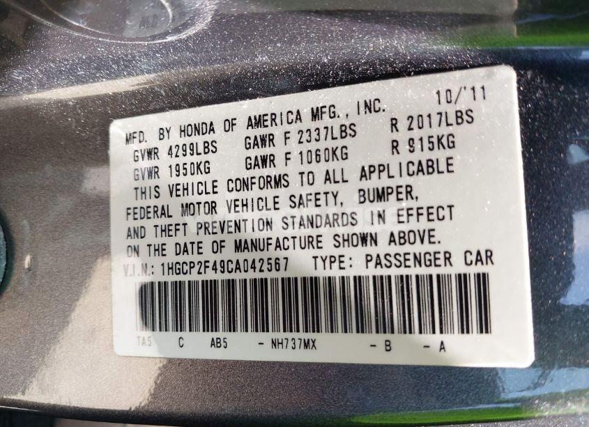 Photo 9 of 2012 Honda Accord 2.4 LX-P (VIN 1HGCP2F49CA042567)