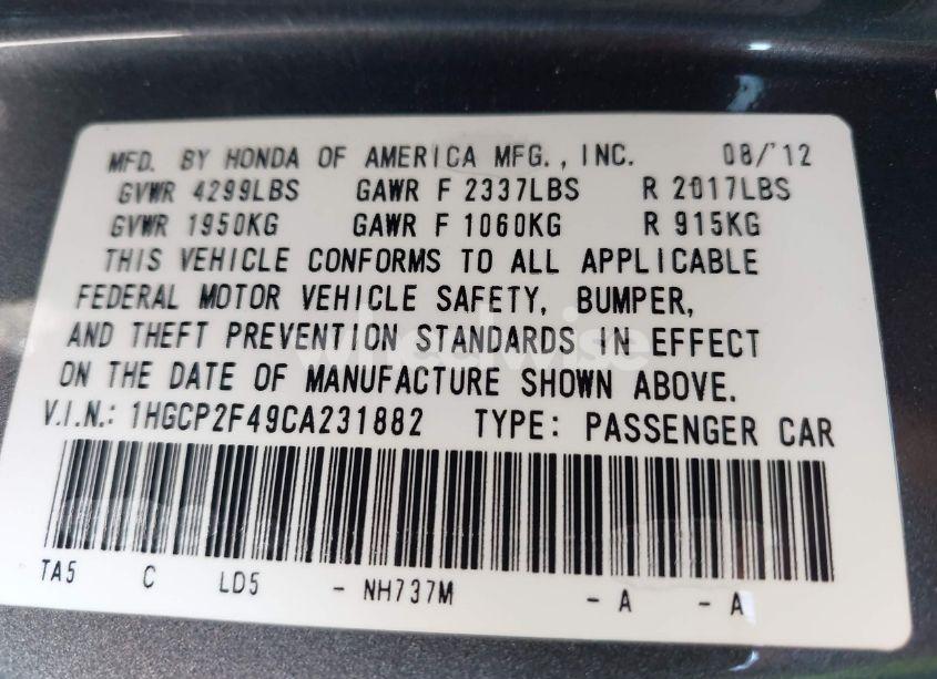 Photo 9 of 2012 Honda Accord 2.4 LX-P (VIN 1HGCP2F49CA231882)