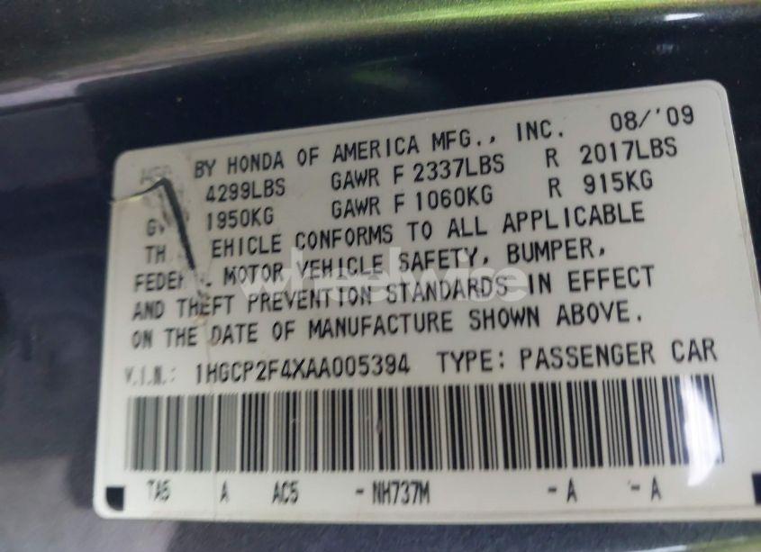 Photo 9 of 2010 Honda Accord 2.4 LX-P (VIN 1HGCP2F4XAA005394)