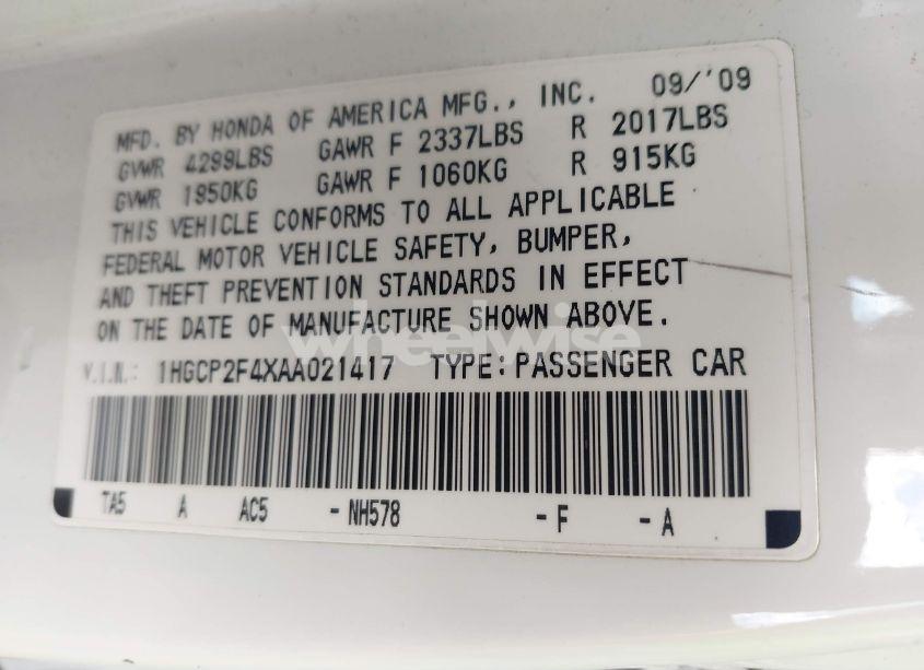 Photo 9 of 2010 Honda Accord 2.4 LX-P (VIN 1HGCP2F4XAA021417)