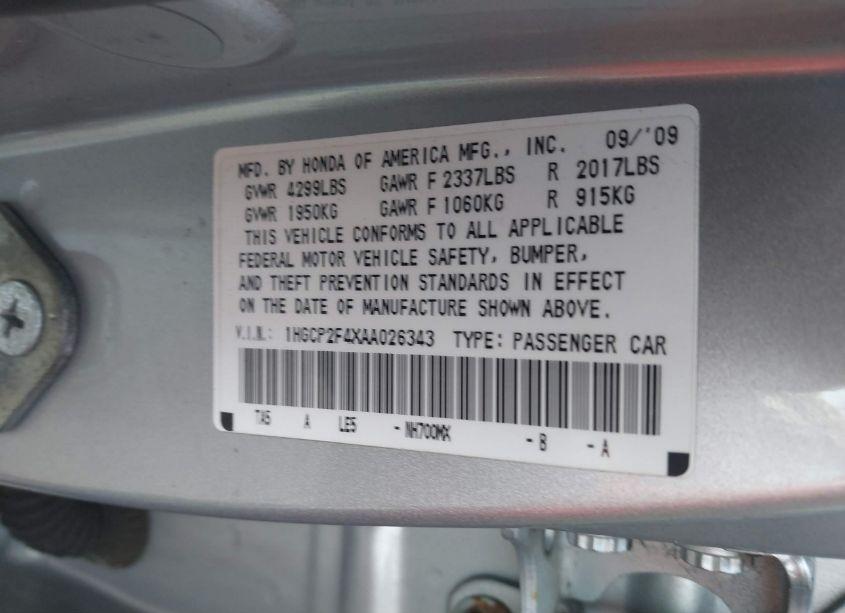 Photo 9 of 2010 Honda Accord 2.4 LX-P (VIN 1HGCP2F4XAA026343)