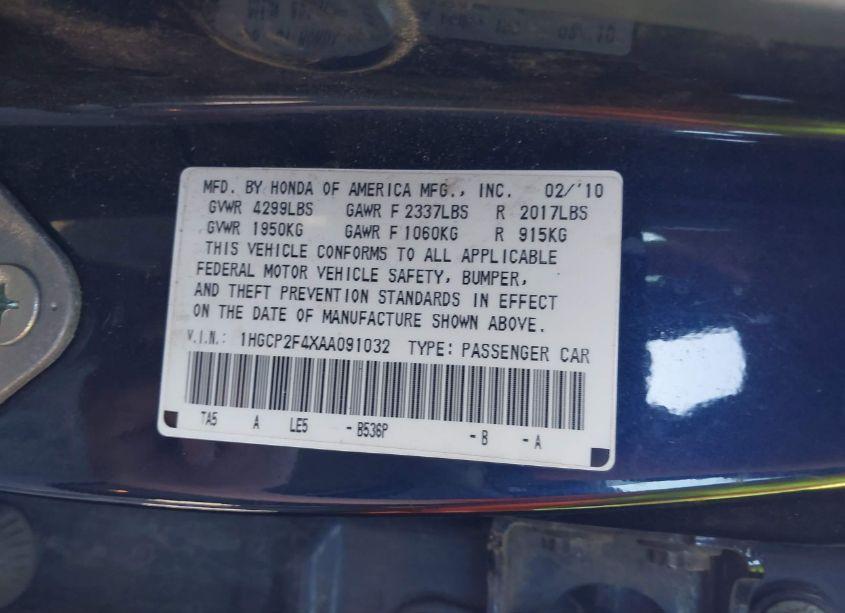 Photo 9 of 2010 Honda Accord 2.4 LX-P (VIN 1HGCP2F4XAA091032)