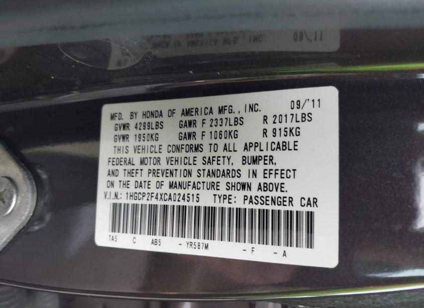 Photo 9 of 2012 Honda Accord SDN LX PREMIUM (VIN 1HGCP2F4XCA024515)