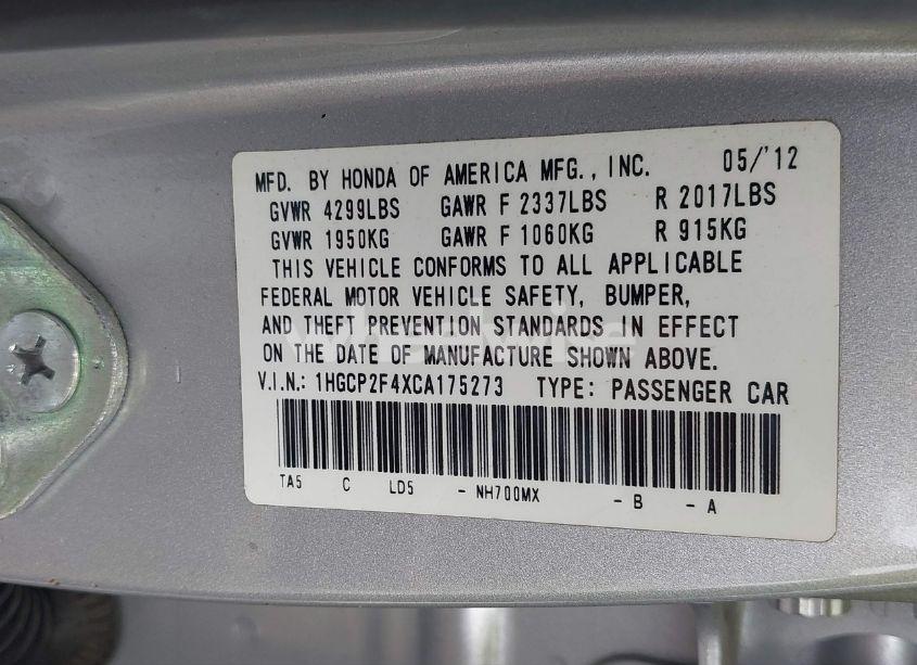 Photo 9 of 2012 Honda Accord 2.4 LX-P (VIN 1HGCP2F4XCA175273)