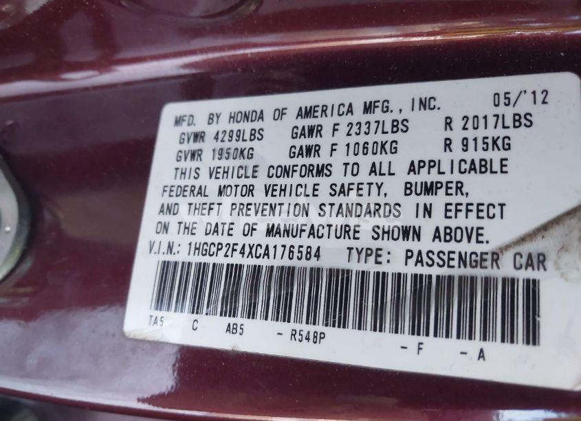 Photo 9 of 2012 Honda Accord SDN LX PREMIUM (VIN 1HGCP2F4XCA176584)