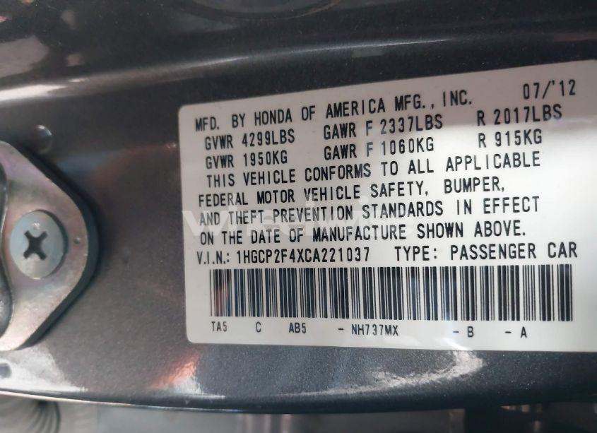 Photo 9 of 2012 Honda Accord 2.4 LX-P (VIN 1HGCP2F4XCA221037)