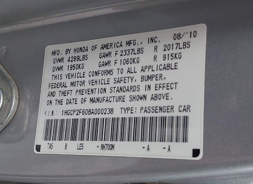 Photo 9 of 2011 Honda Accord 2.4 SE (VIN 1HGCP2F60BA000238)