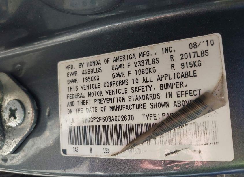 Photo 9 of 2011 Honda Accord 2.4 SE (VIN 1HGCP2F60BA002670)