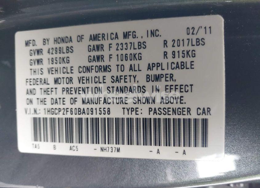 Photo 9 of 2011 Honda Accord 2.4 SE (VIN 1HGCP2F60BA091558)