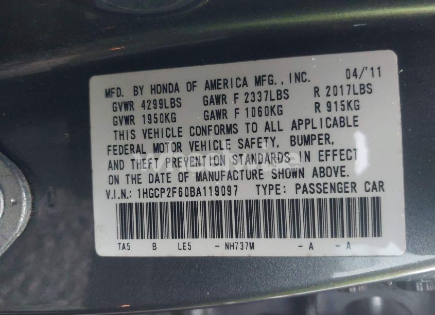 Photo 9 of 2011 Honda Accord 2.4 SE (VIN 1HGCP2F60BA119097)