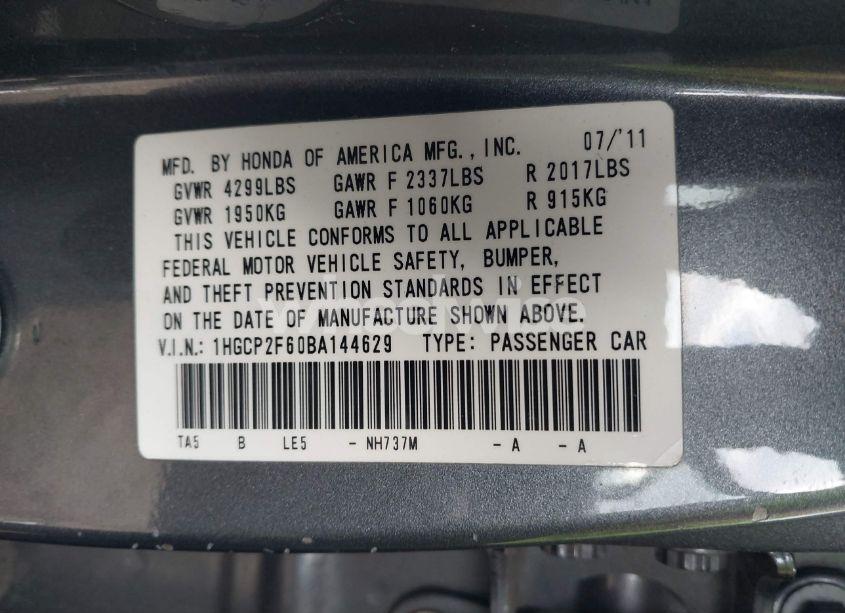 Photo 9 of 2011 Honda Accord 2.4 SE (VIN 1HGCP2F60BA144629)