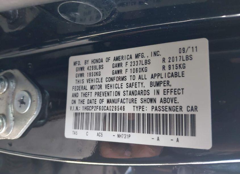 Photo 9 of 2012 Honda Accord 2.4 SE (VIN 1HGCP2F60CA029546)