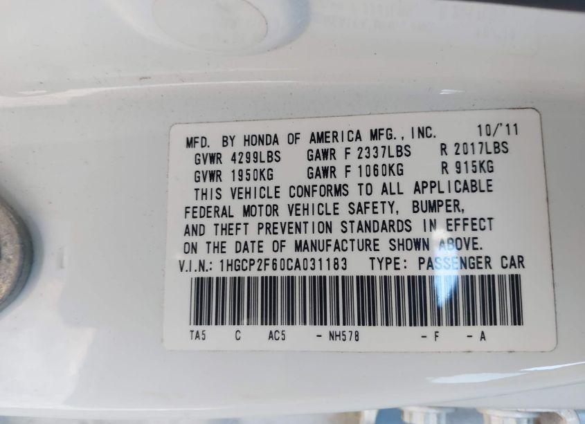 Photo 9 of 2012 Honda Accord 2.4 SE (VIN 1HGCP2F60CA031183)