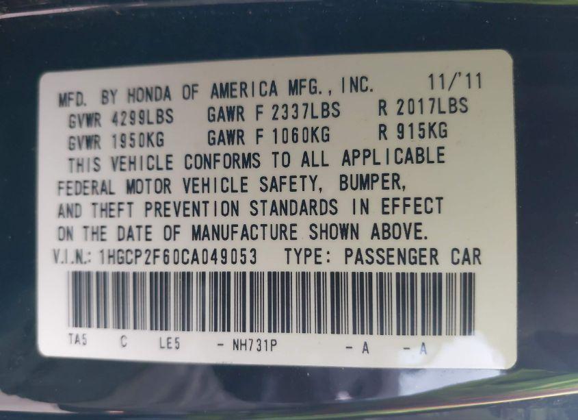 Photo 9 of 2012 Honda Accord 2.4 SE (VIN 1HGCP2F60CA049053)