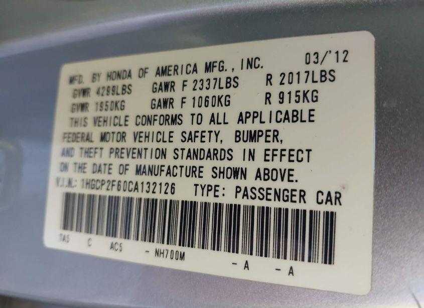 Photo 9 of 2012 Honda Accord 2.4 SE (VIN 1HGCP2F60CA132126)