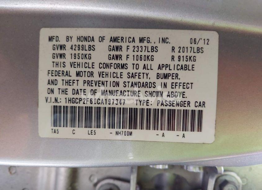 Photo 9 of 2012 Honda Accord 2.4 SE (VIN 1HGCP2F60CA197347)