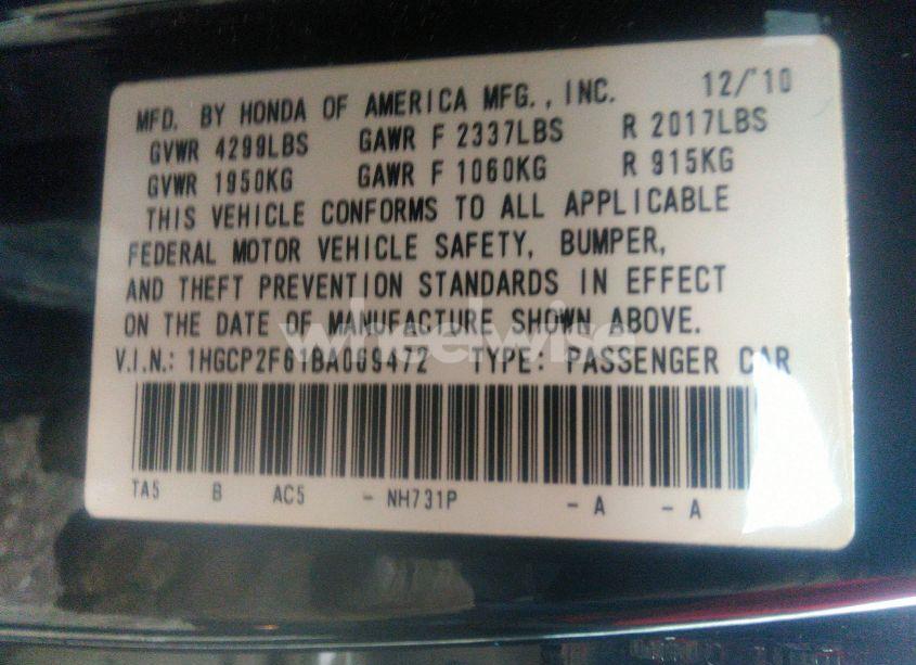 Photo 9 of 2011 Honda Accord 2.4 SE (VIN 1HGCP2F61BA069472)