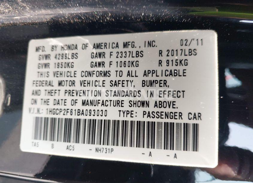 Photo 9 of 2011 Honda Accord 2.4 SE (VIN 1HGCP2F61BA093030)