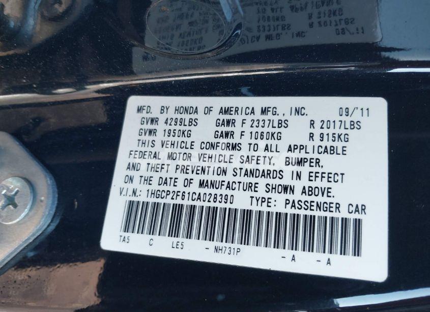 Photo 9 of 2012 Honda Accord 2.4 SE (VIN 1HGCP2F61CA028390)