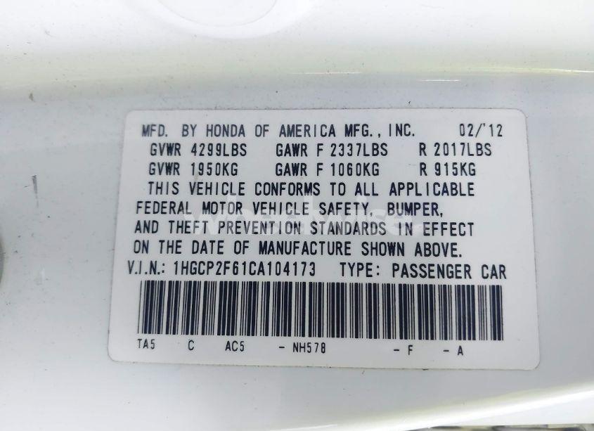 Photo 9 of 2012 Honda Accord 2.4 SE (VIN 1HGCP2F61CA104173)